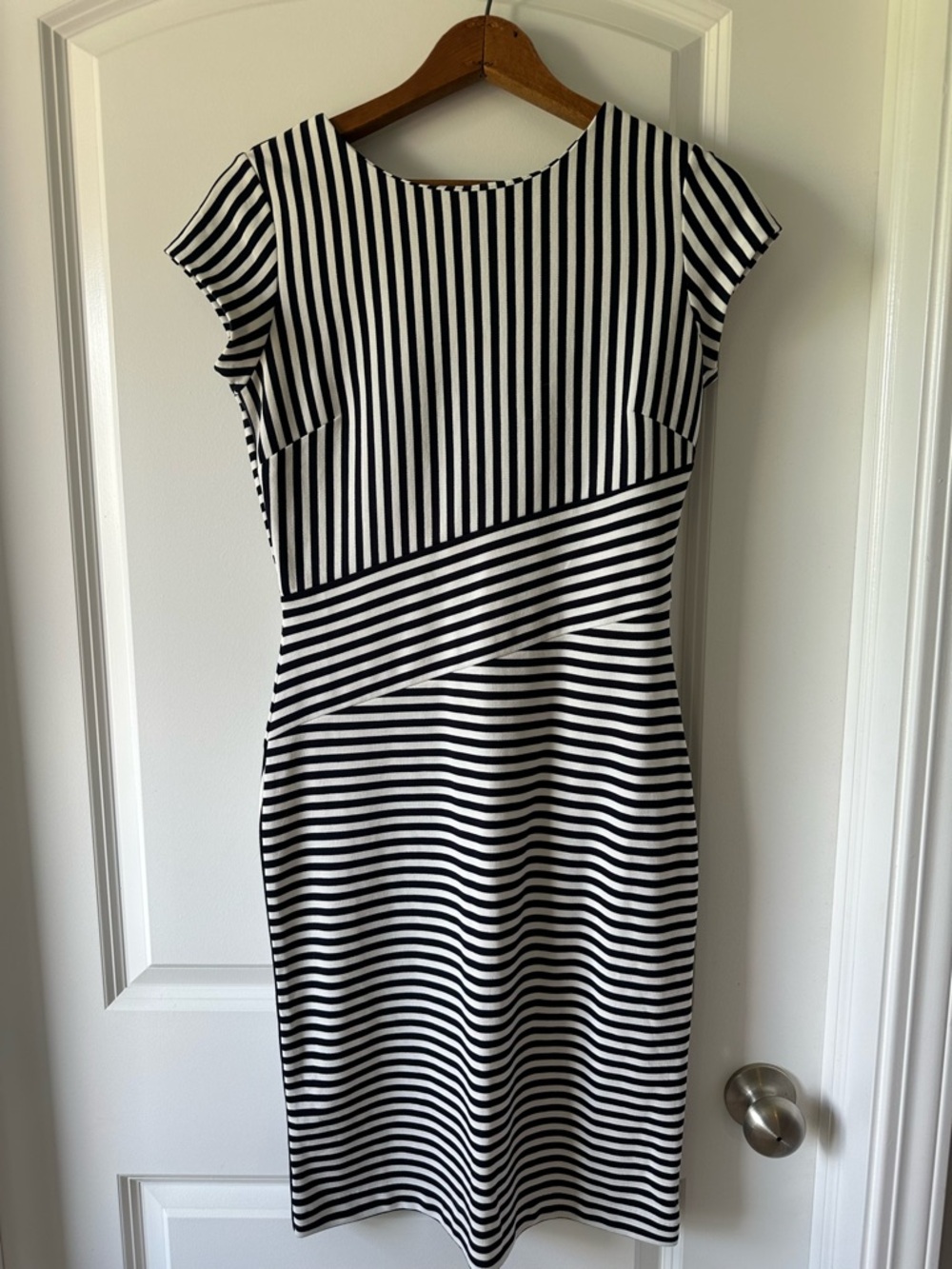 Banana Republic Navy and White Striped Midi Wedding Guest Cocktail Dress